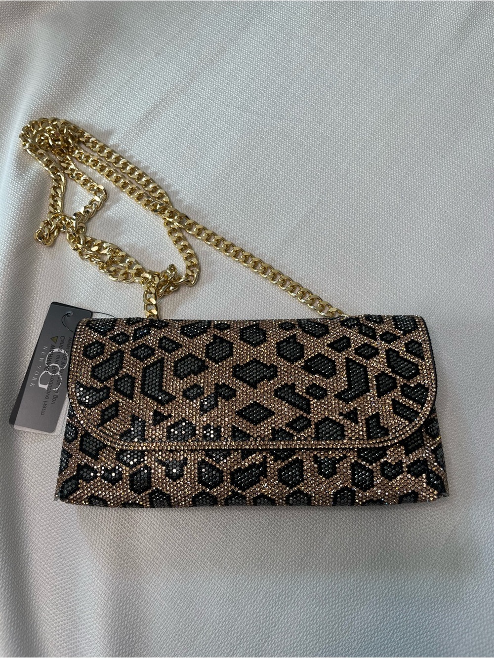 Leopard Print Embellished Clutch Gold Chain Glam Evening Crossbody Purse Sparkly